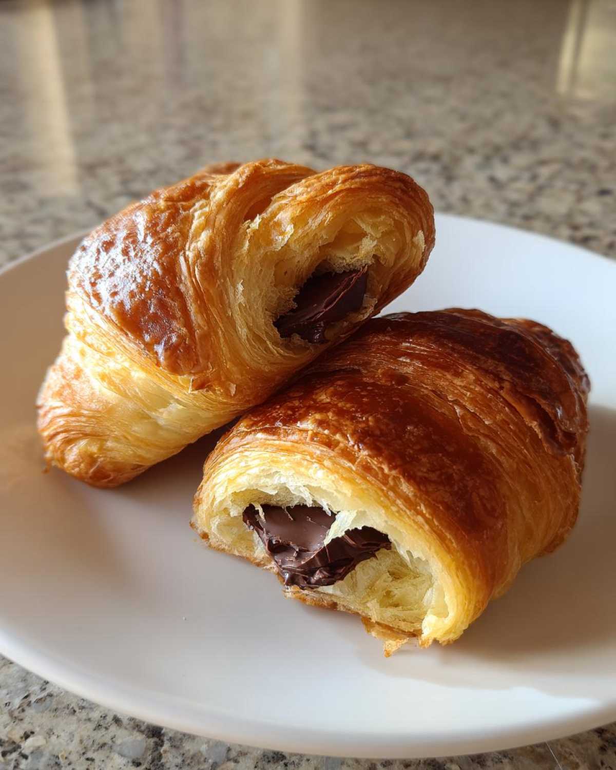 Two halves of a golden brown chocolate croissant resting on a white plate, revealing the melted chocolate filling inside.
