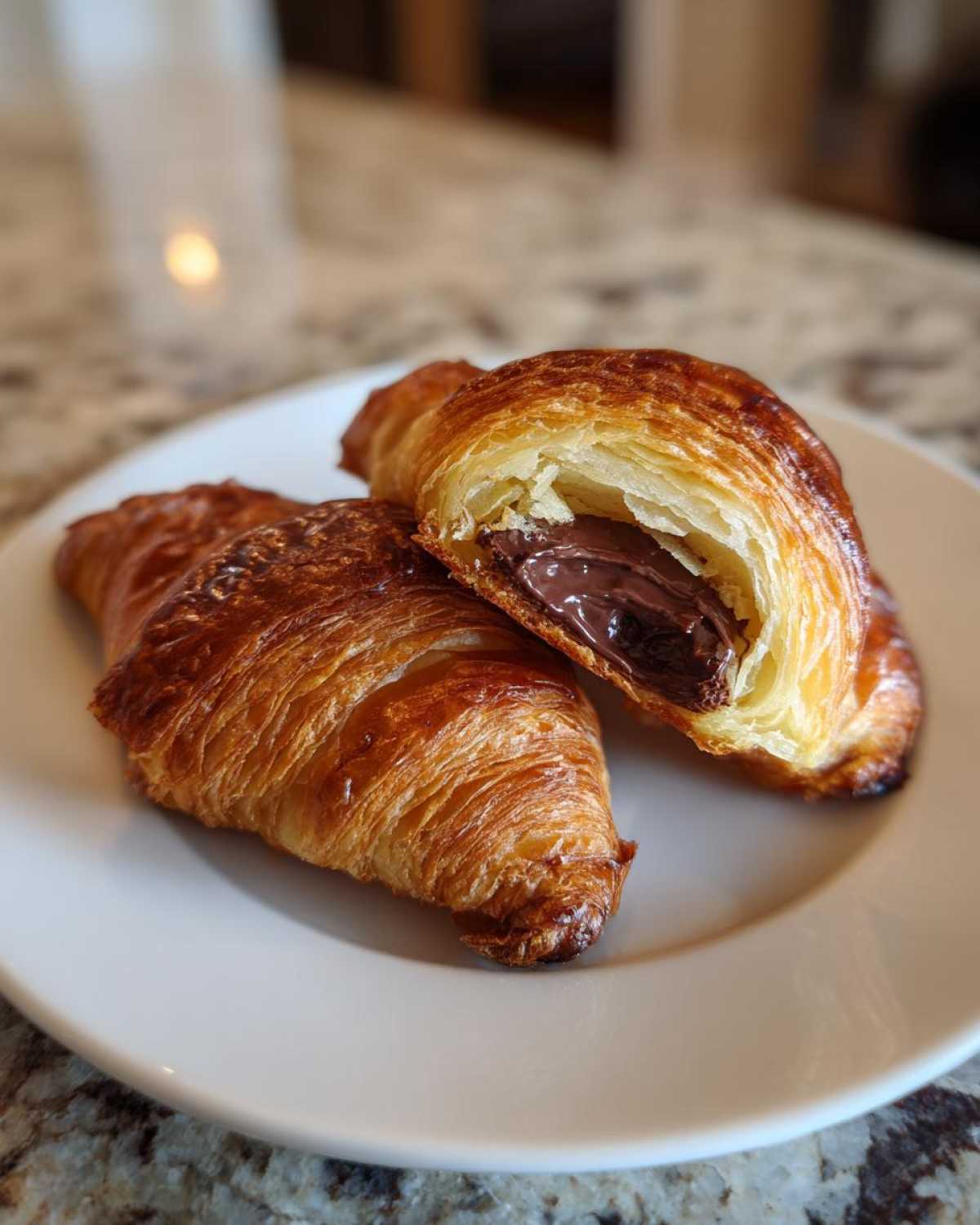Close-up of a golden brown chocolate croissant cut open to show the melted chocolate filling.