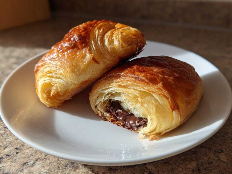 Two golden-brown chocolate croissant pastries resting on a white plate, one cut open to show melted chocolate filling.