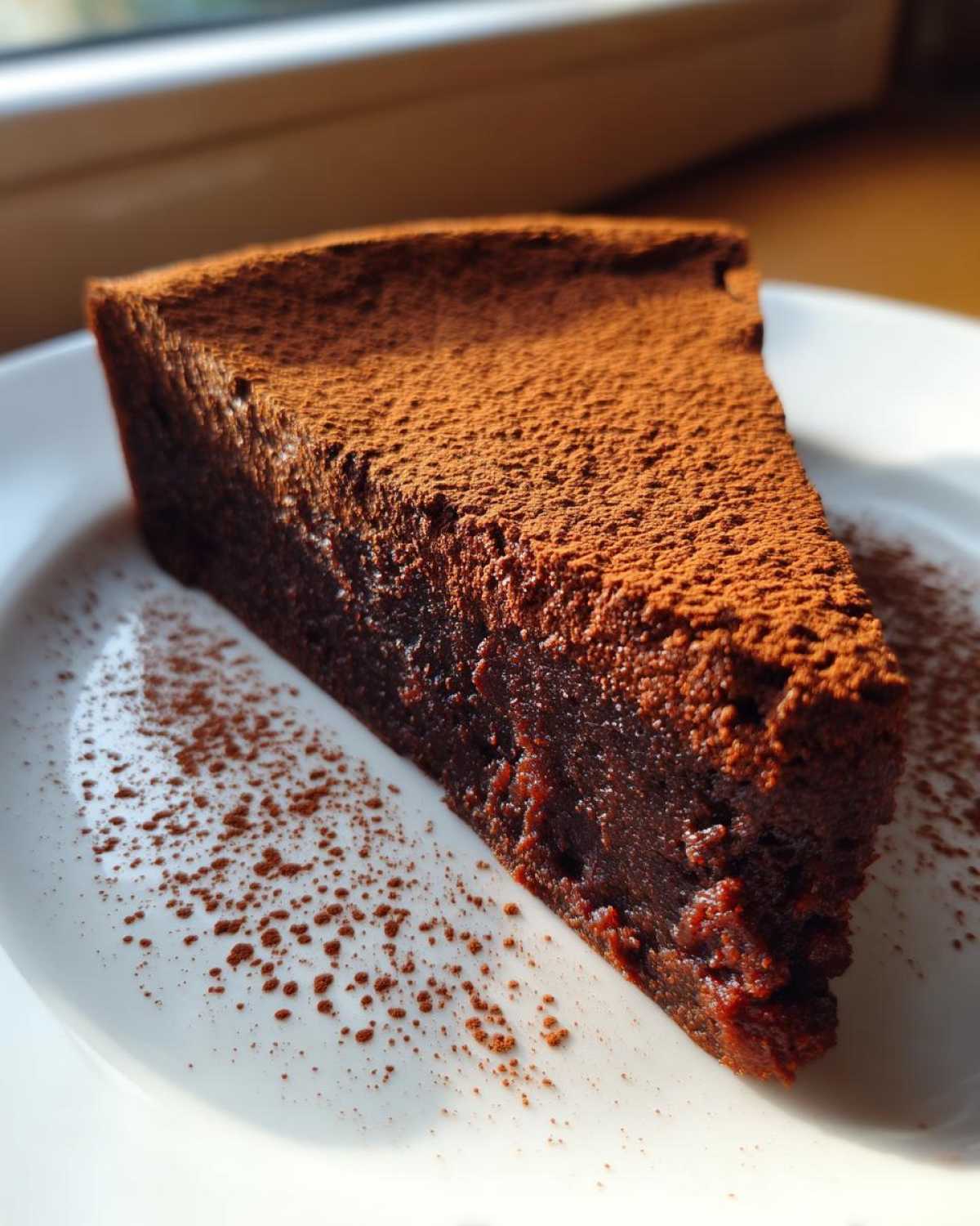A rich, dark slice of flourless chocolate torte dusted heavily with cocoa powder on a white plate.