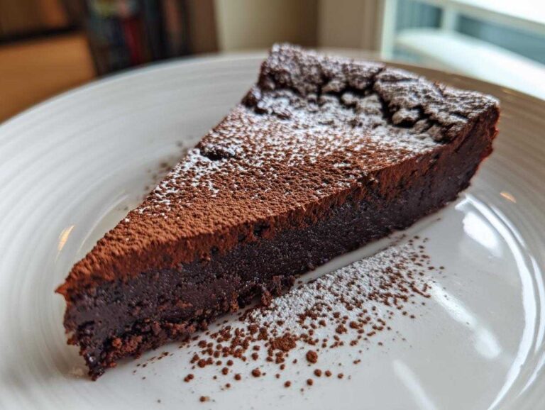 A decadent slice of flourless chocolate torte dusted heavily with cocoa powder and powdered sugar on a white plate.