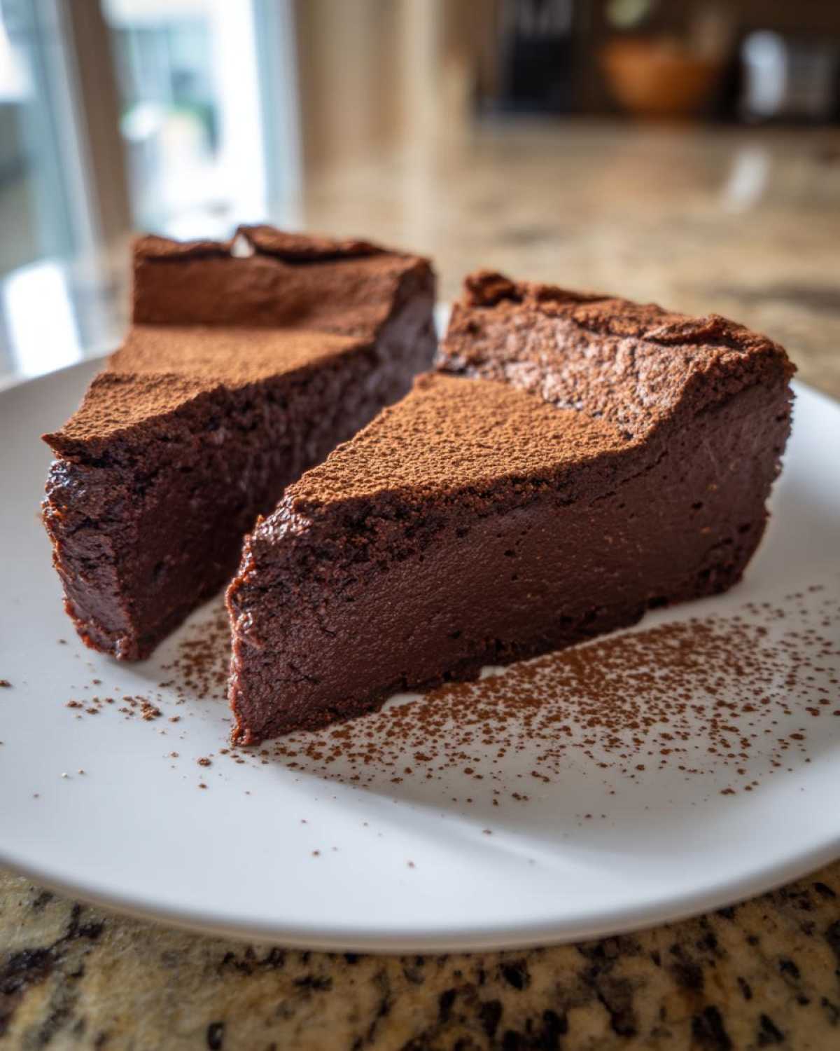 Two rich, dense slices of flourless chocolate torte dusted with cocoa powder on a white plate.