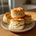 Four tall, flaky buttermilk biscuits stacked slightly on a light-colored plate in bright sunlight.