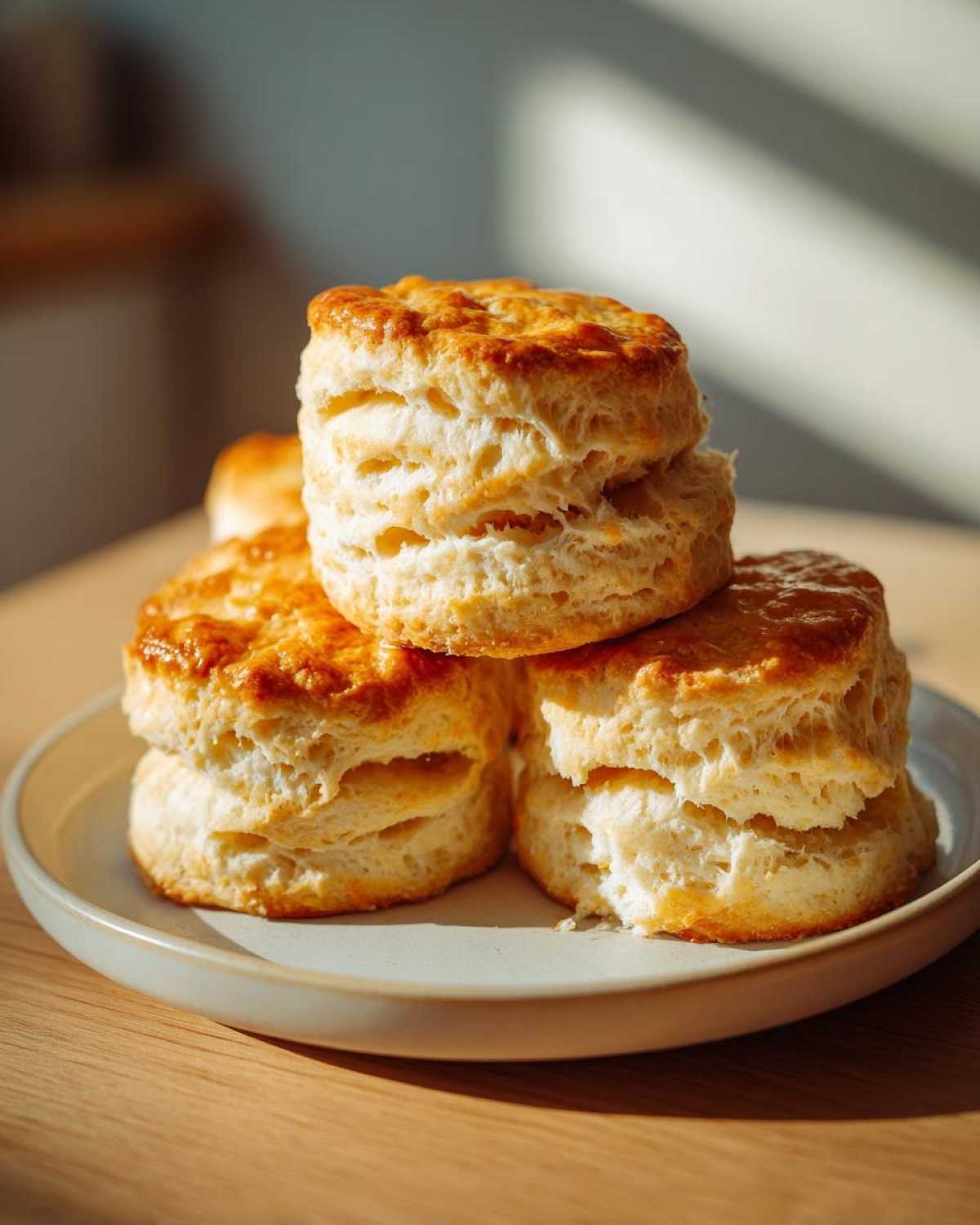 Close-up of three tall, flaky buttermilk biscuits stacked on a light plate, showing golden tops.