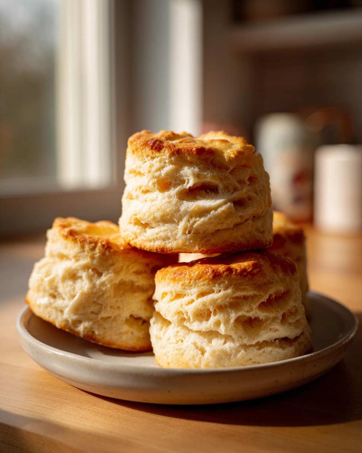 A stack of four golden brown, fluffy buttermilk biscuits resting on a small ceramic plate near a bright window.
