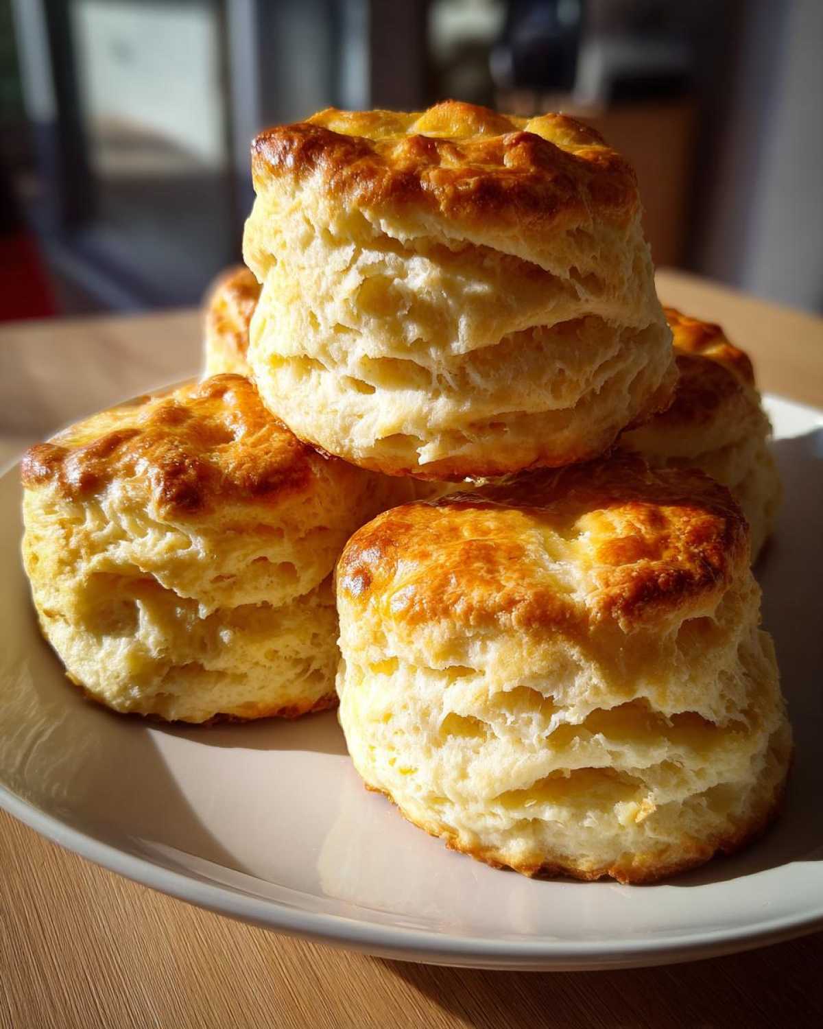 A stack of four tall, flaky buttermilk biscuits with golden-brown tops resting on a white plate.