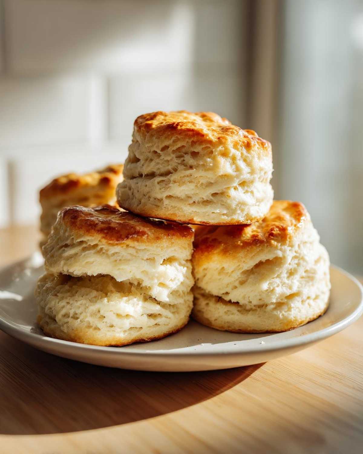 A stack of four fluffy buttermilk biscuits with golden brown tops resting on a small white plate.