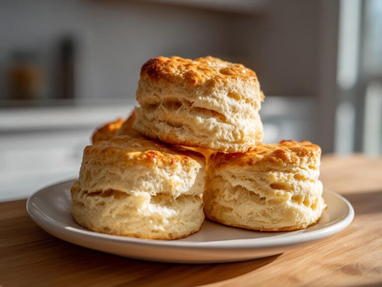 A stack of three golden-brown, fluffy buttermilk biscuits sitting on a white plate.