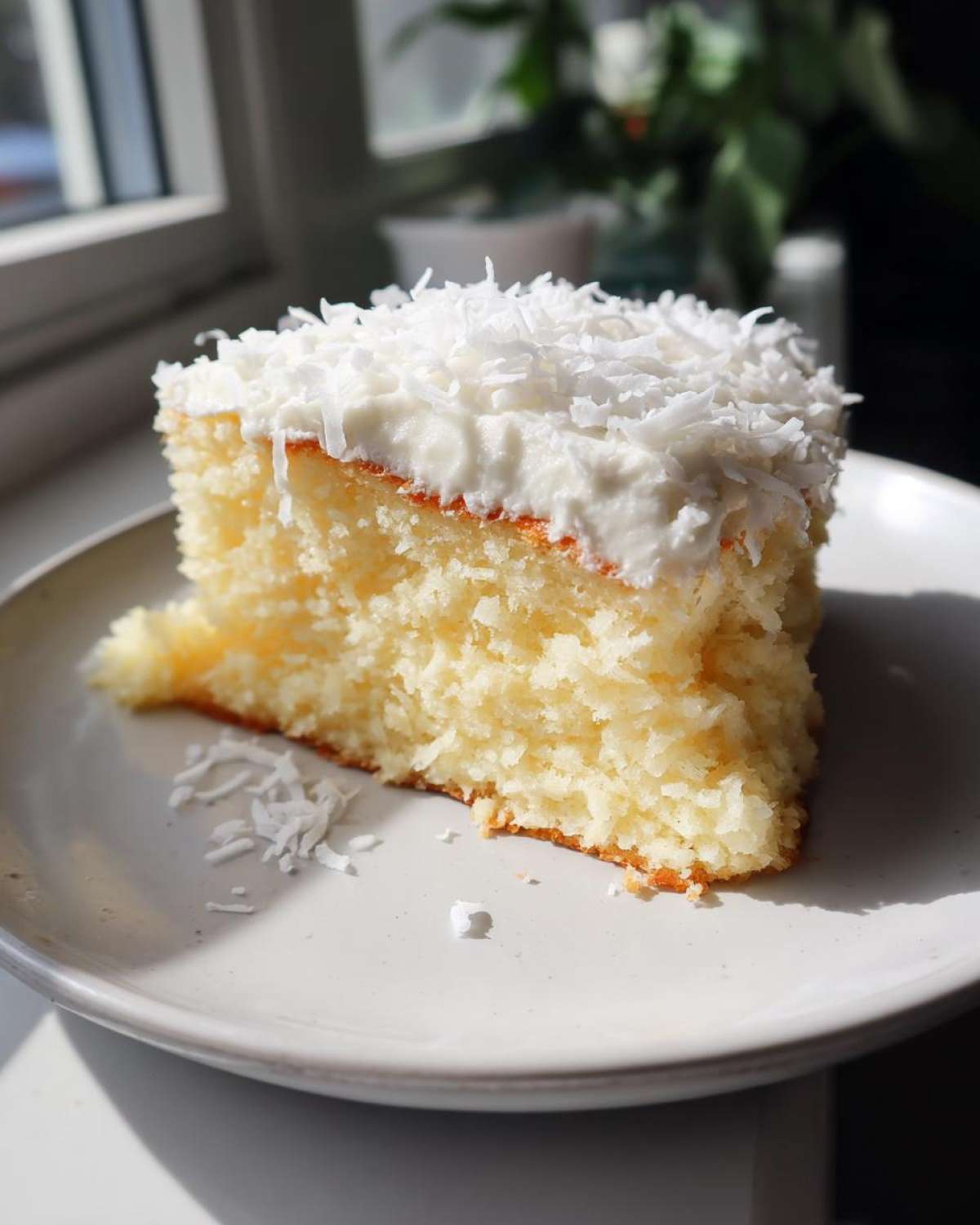 A moist slice of fluffy coconut cake topped with white frosting and shredded coconut flakes.