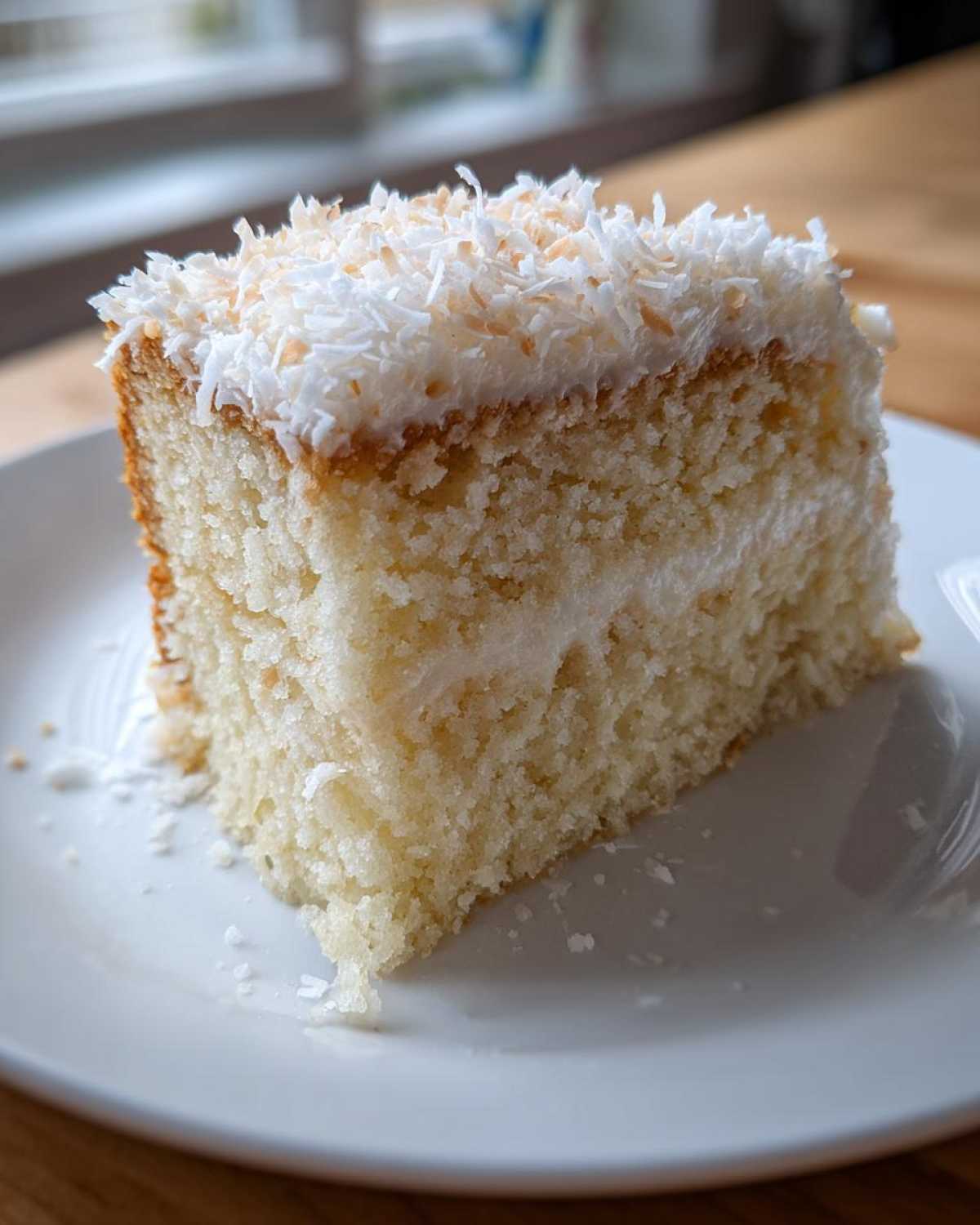 A close-up of a fluffy slice of coconut cake with white frosting and toasted coconut flakes on top.