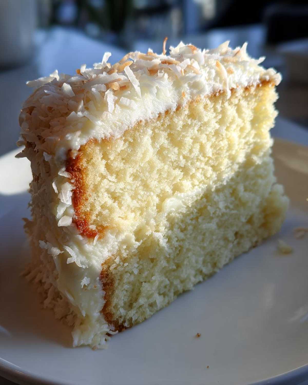Close-up of a fluffy slice of coconut cake with white frosting and toasted coconut flakes on top.