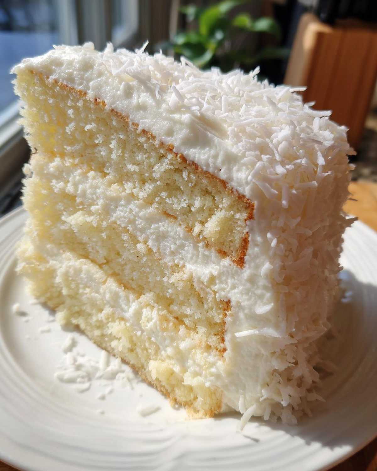 A tall, fluffy slice of coconut cake layered with white frosting and covered in shredded coconut.