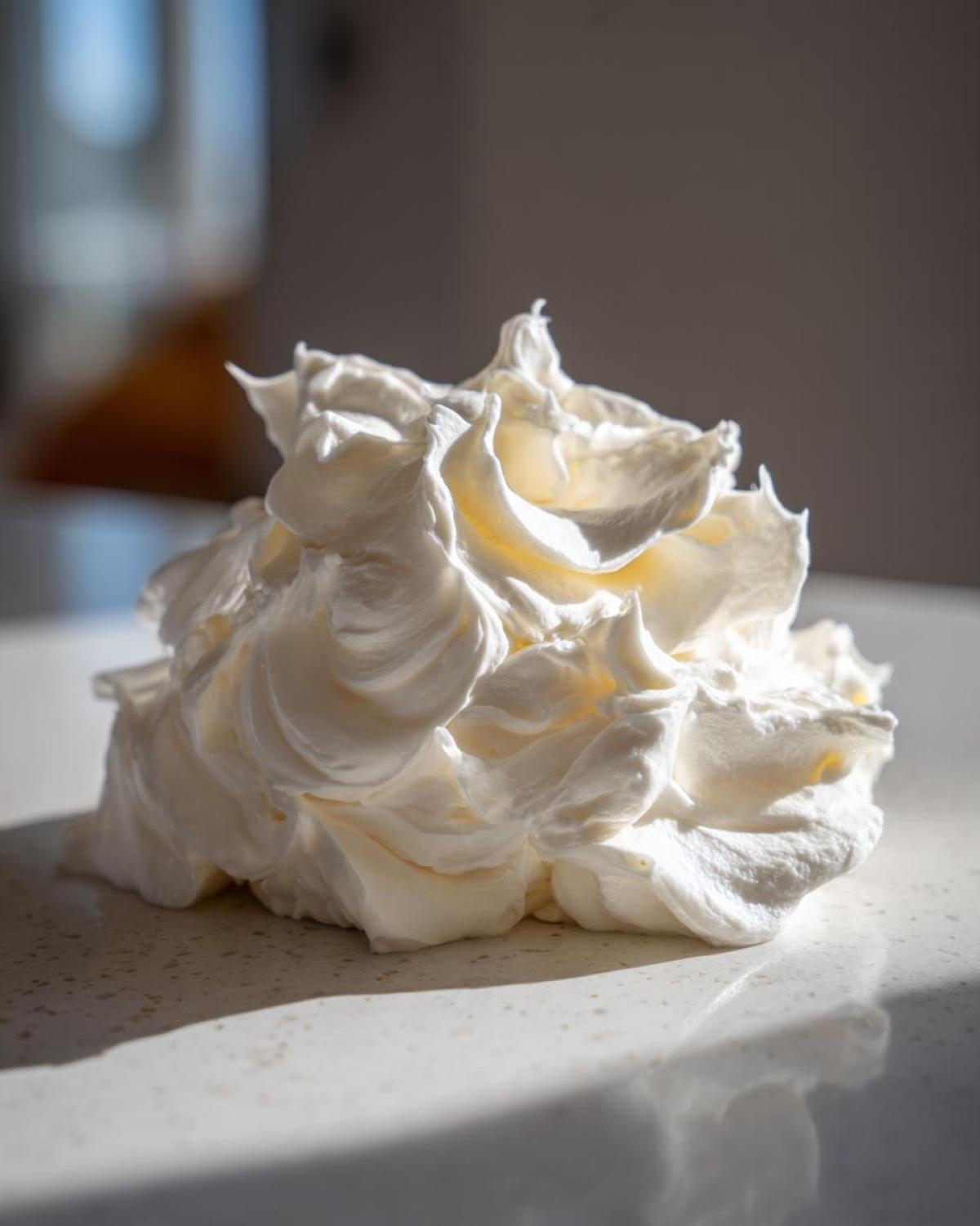 A close-up, beautifully lit dollop of fluffy white cream cheese frosting resting on a light countertop.