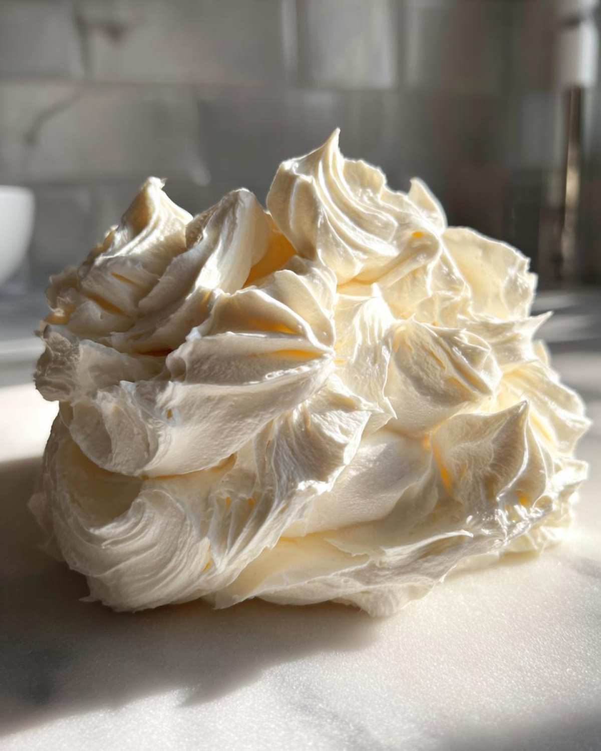 A close-up shot of a fluffy mound of freshly made cream cheese frosting with distinct piping swirls.