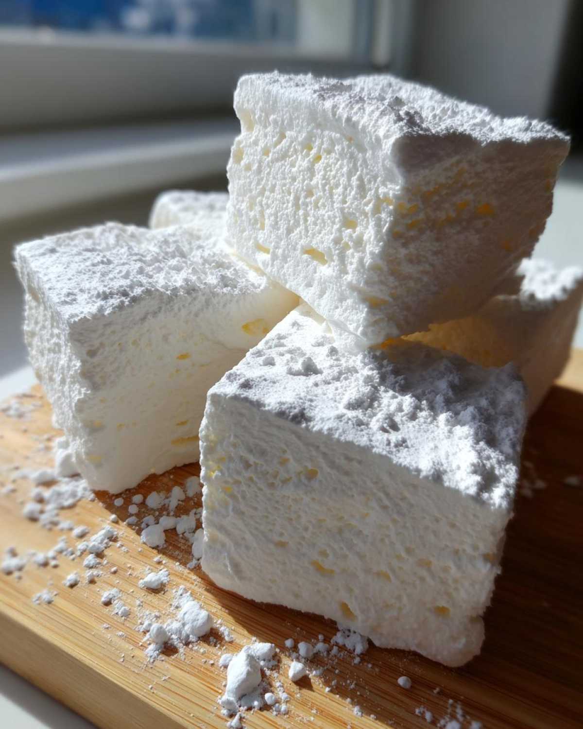Close-up of several large, fluffy homemade marshmallows dusted heavily with powdered sugar on a wooden board.