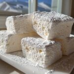 A stack of fluffy, square homemade marshmallows generously dusted with powdered sugar on a white plate.