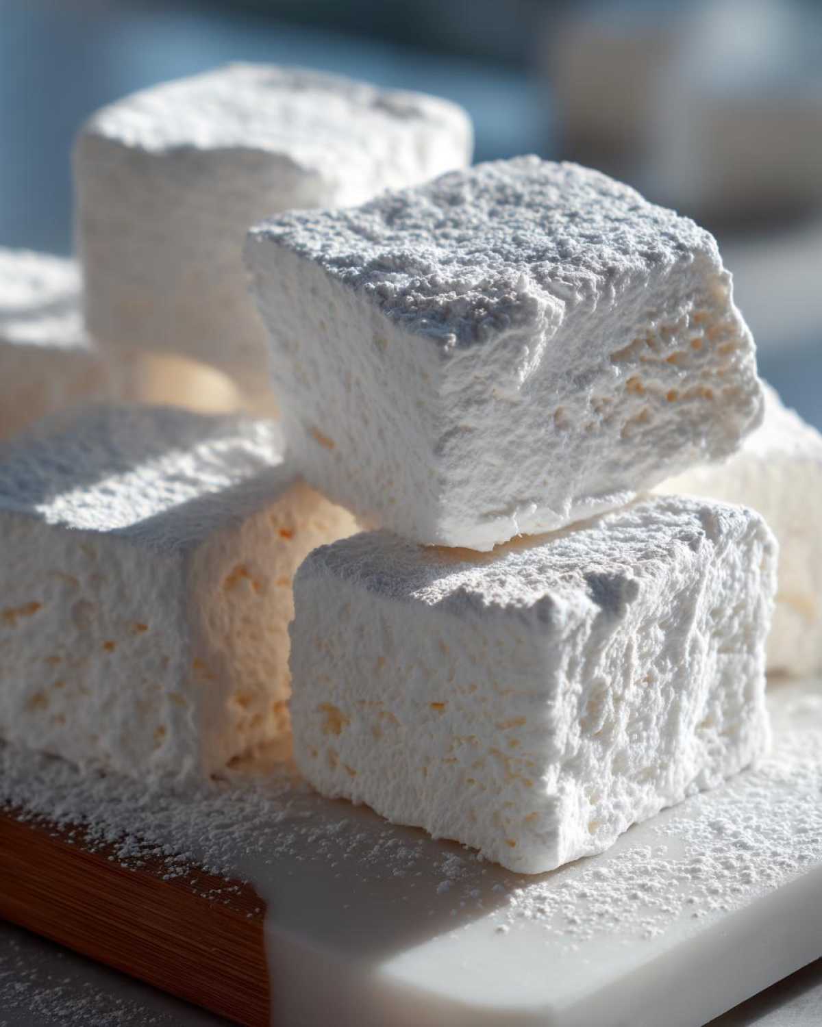 Close-up of fluffy, square homemade marshmallows dusted heavily with powdered sugar.