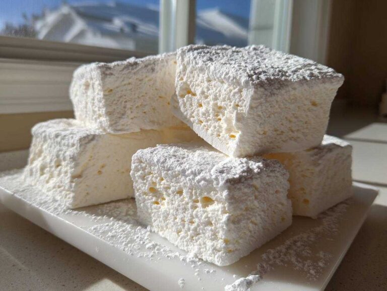 Easy 3 Step homemade marshmallows Bliss A stack of fluffy, square homemade marshmallows generously dusted with powdered sugar on a white plate.
