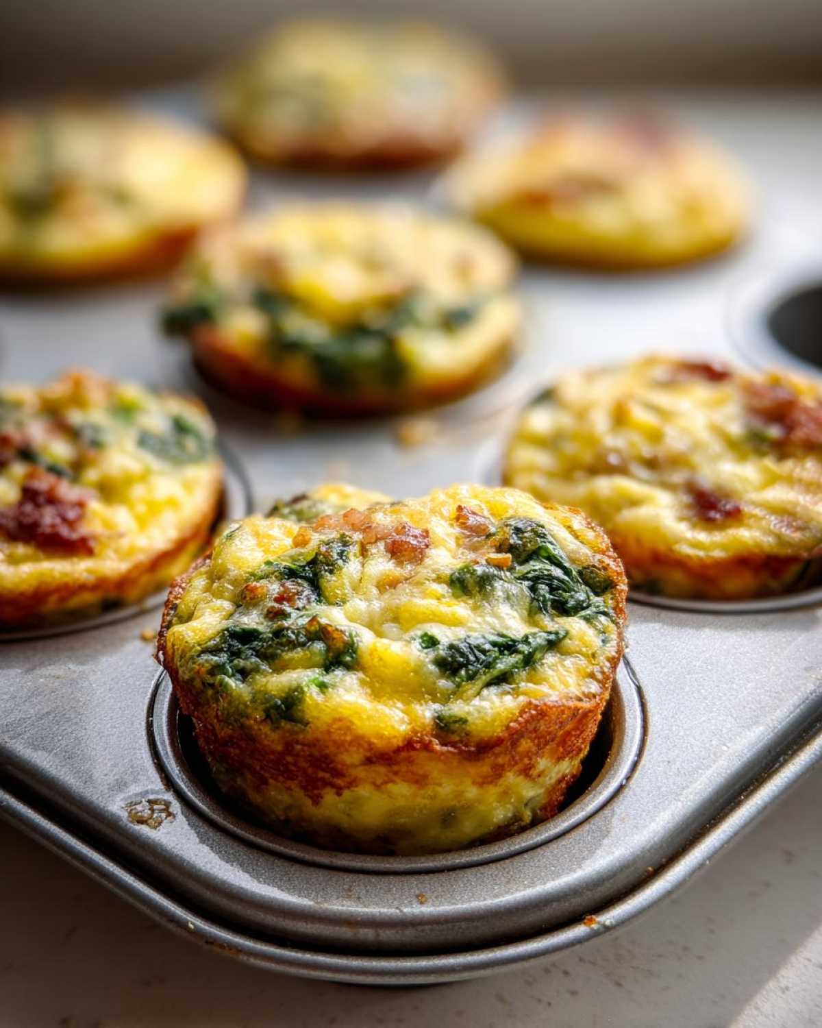 Close-up of fluffy muffin tin egg bites with spinach and bacon baked in a metal muffin pan.