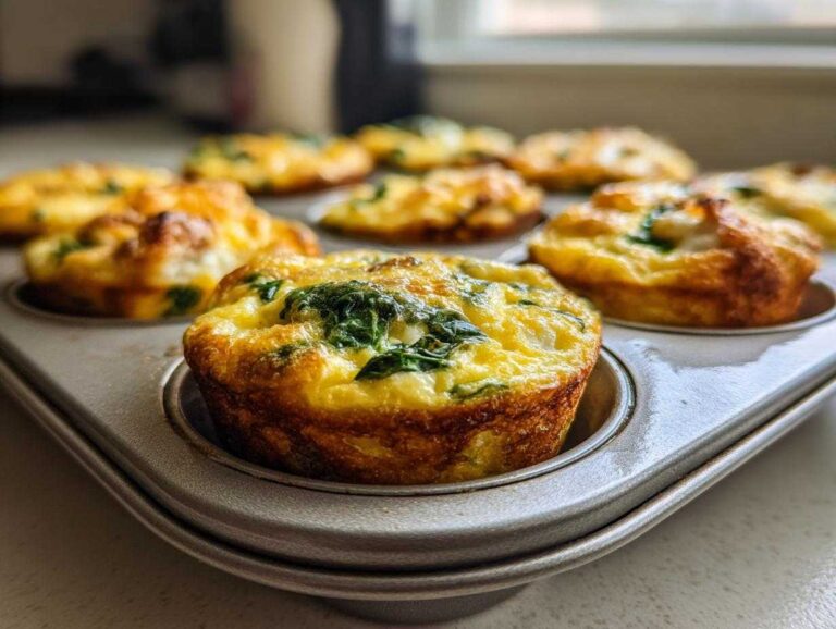 Close-up of golden brown muffin tin egg bites with spinach baked in a metal muffin tin.