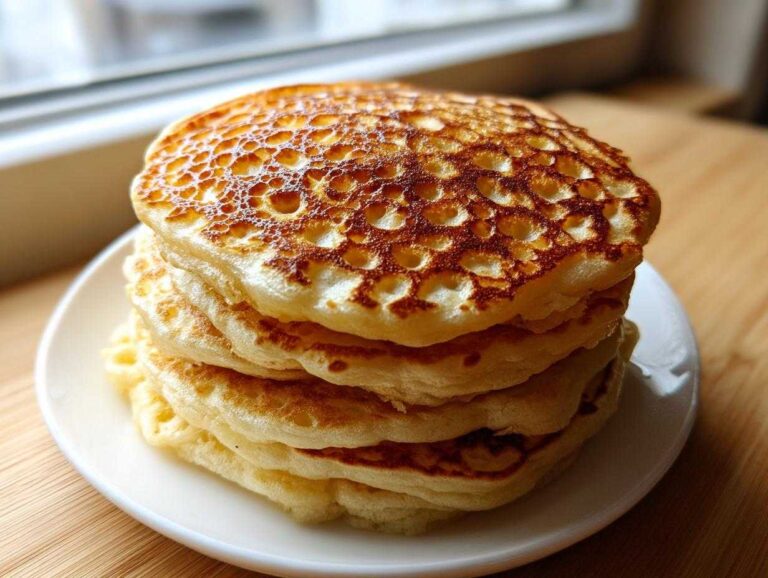 A tall stack of four fluffy pancakes showing a beautiful golden-brown honeycomb surface texture.
