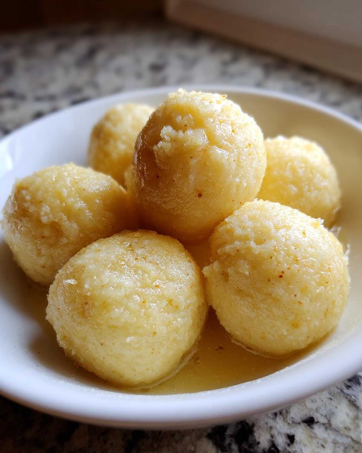 Close-up of several fluffy potato dumplings resting in melted butter in a small white bowl.