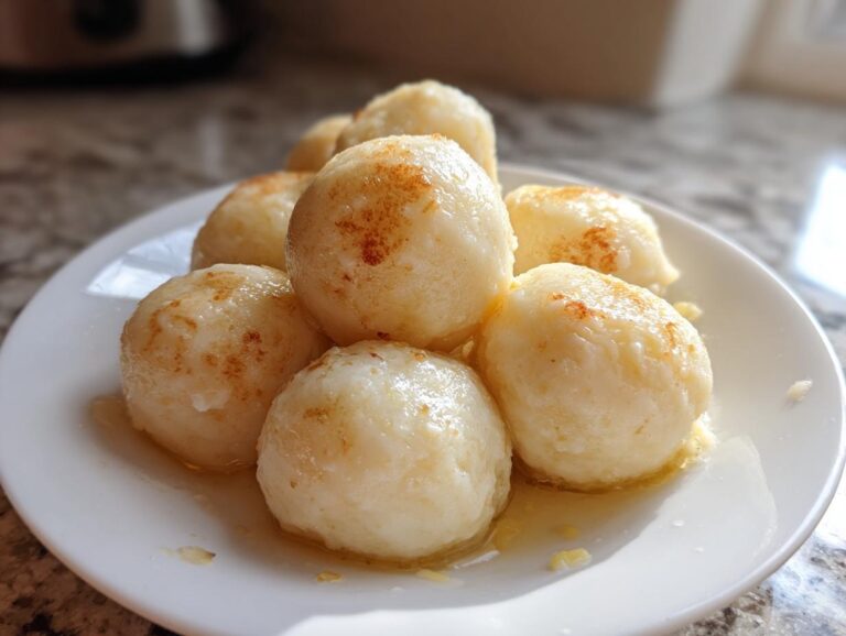 A close-up of several fluffy potato dumplings served warm on a white plate with melted butter.