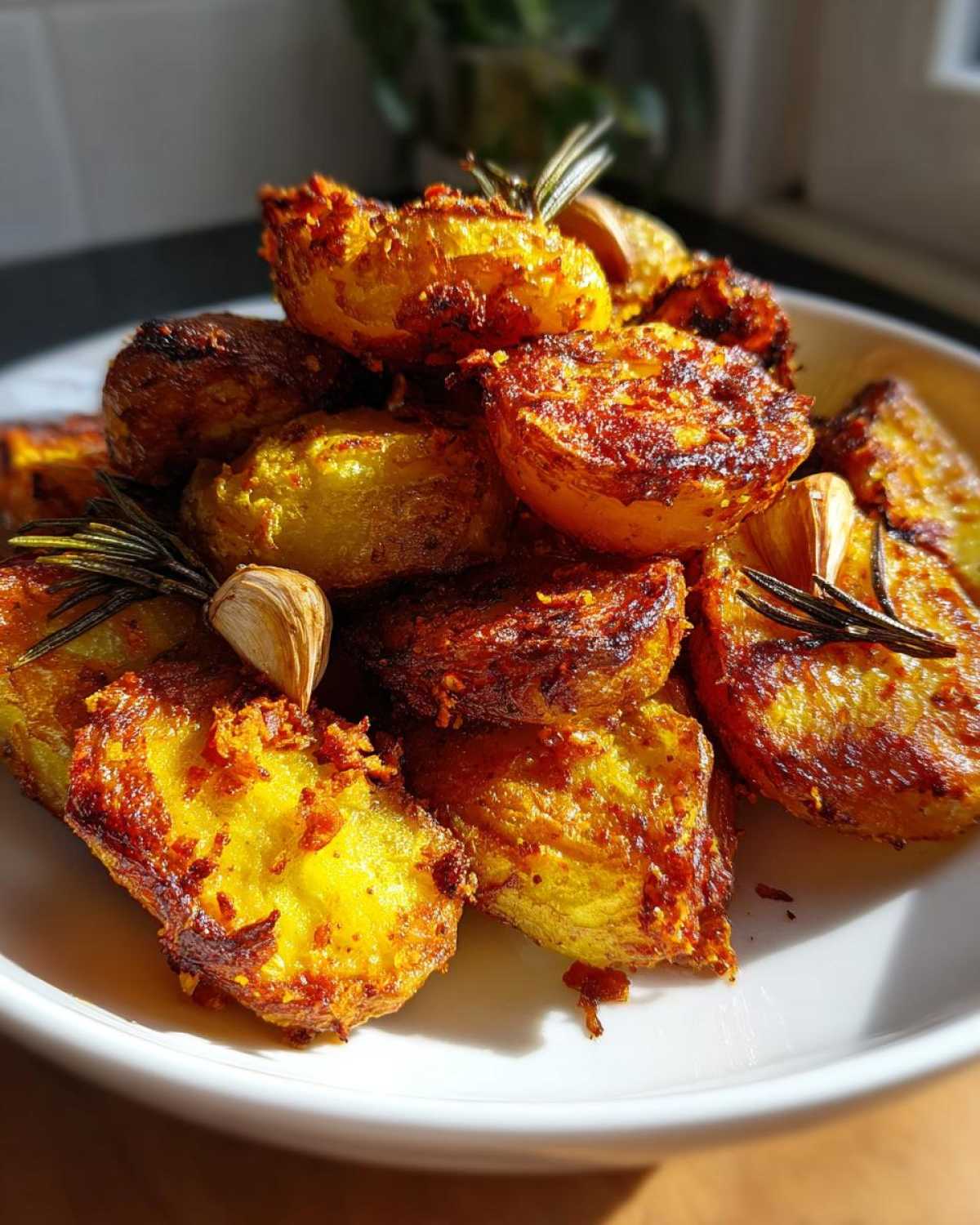 A close-up of golden, fluffy roast potatoes piled high on a white plate, garnished with fresh rosemary sprigs and garlic cloves.