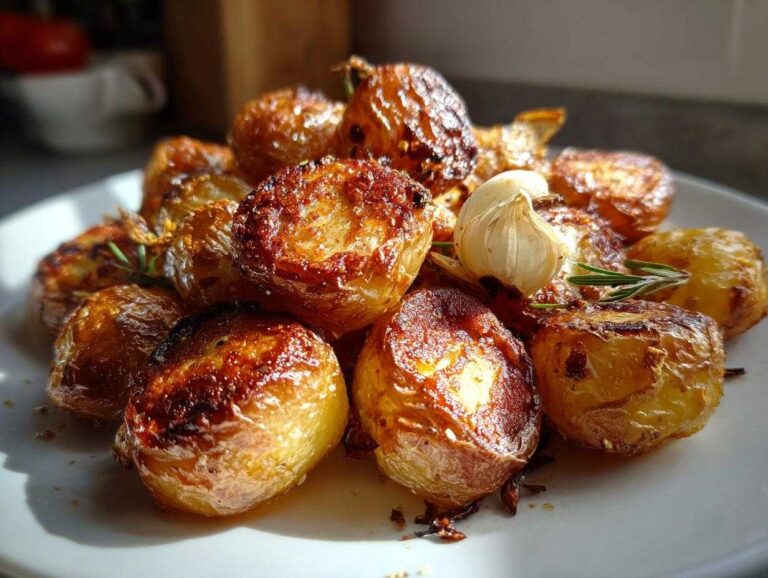 A close-up of golden brown, crispy roast potatoes seasoned with garlic and rosemary sprigs.