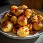 A close-up of perfectly golden and crispy roast potatoes piled high on a white plate, garnished with rosemary sprigs.