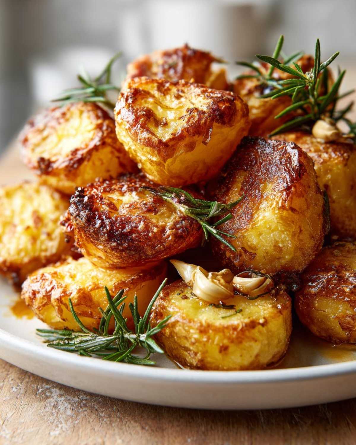 A close-up of fluffy, golden brown roast potatoes seasoned with rosemary sprigs and roasted garlic cloves.
