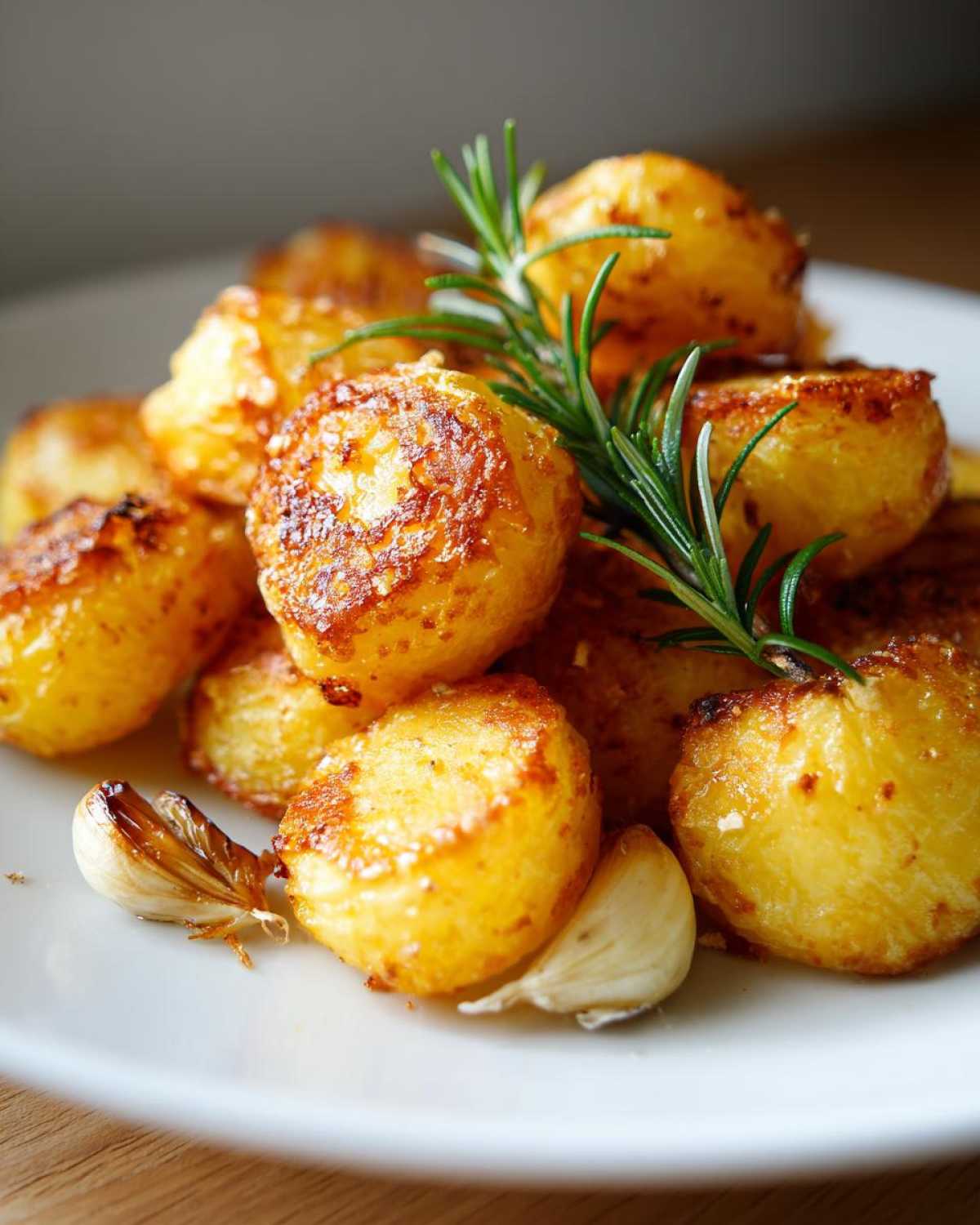 A close-up of golden brown, fluffy roast potatoes garnished with fresh rosemary and roasted garlic cloves.