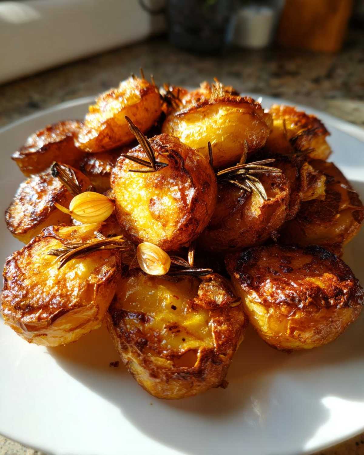 A pile of golden brown, crispy roast potatoes seasoned with fresh rosemary sprigs and roasted garlic cloves.