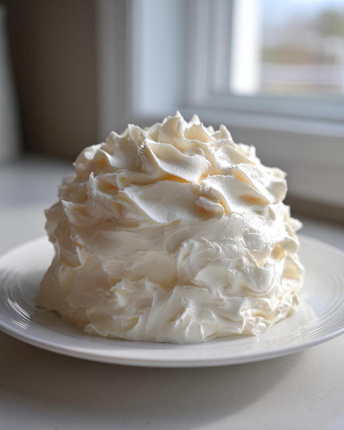 A generous mound of fluffy white vanilla buttercream frosting piped onto a white plate.
