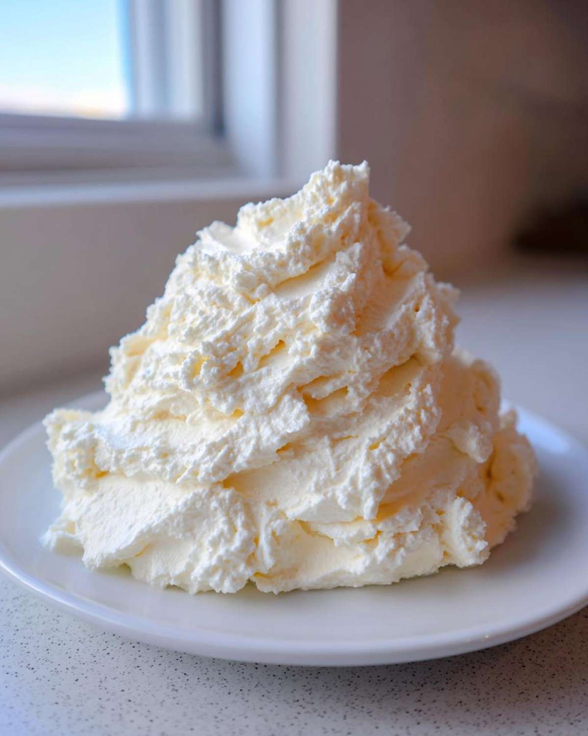 A large, fluffy mound of homemade vanilla buttercream frosting sitting on a white plate.