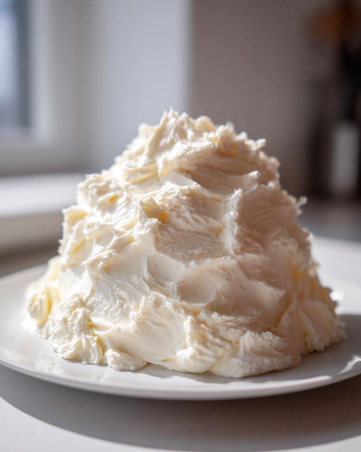A large, fluffy mound of freshly made vanilla buttercream frosting piled high on a white plate.