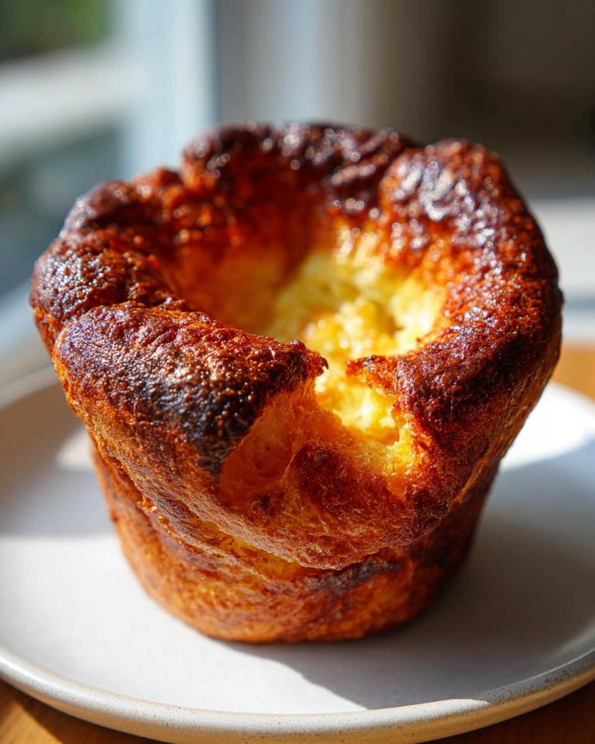 A single, tall, golden-brown Yorkshire pudding with a deep, crispy crust and a soft center.