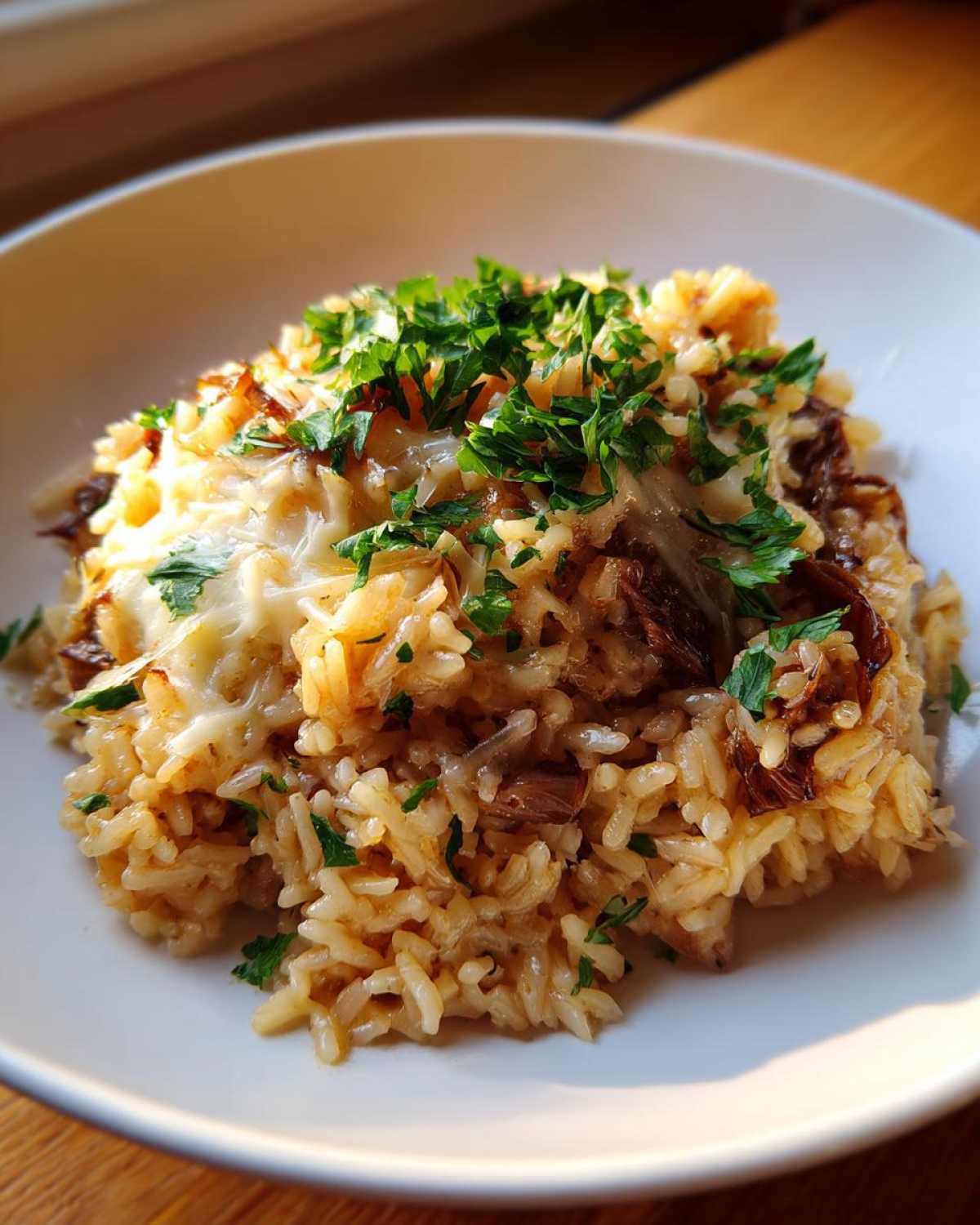 A close-up of creamy french onion butter rice topped with melted cheese and fresh parsley.