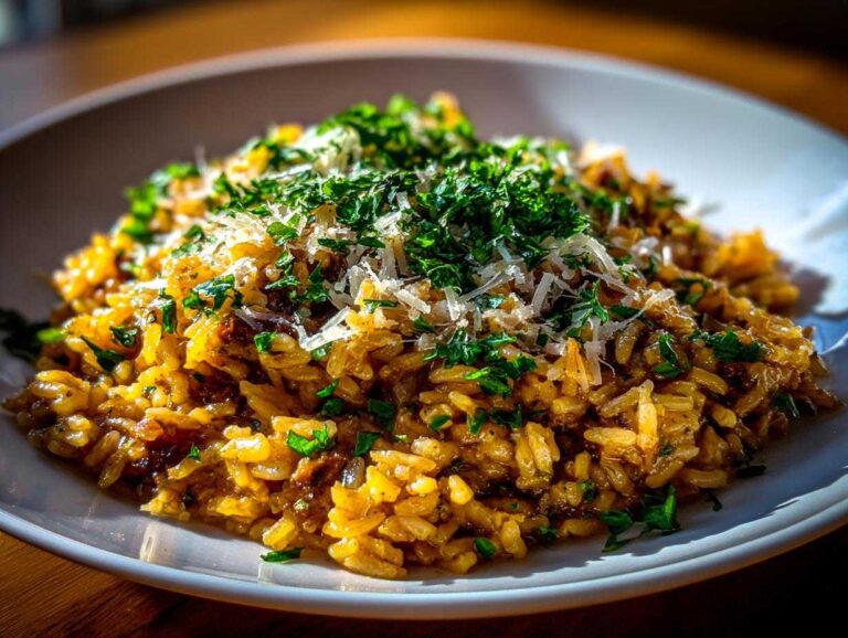 A close-up of creamy french onion butter rice served on a white plate, garnished with grated Parmesan cheese and fresh parsley.