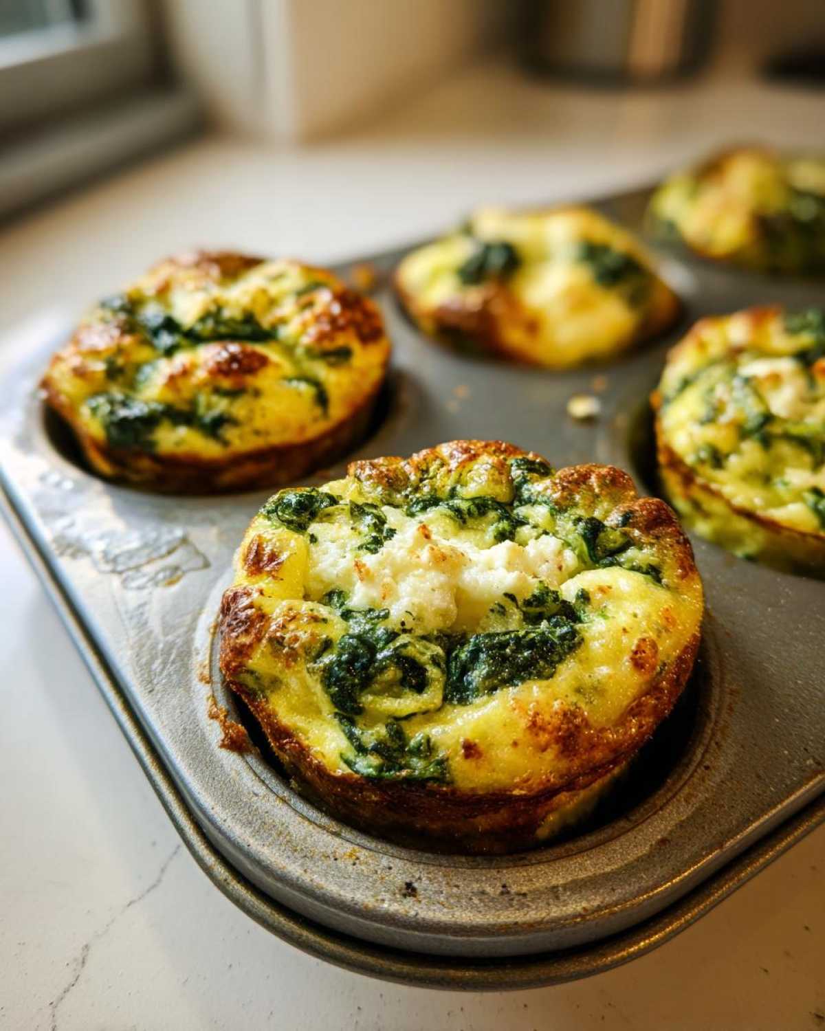 Close-up of golden brown muffin tin egg bites filled with spinach and topped with feta cheese, still in the baking tin.