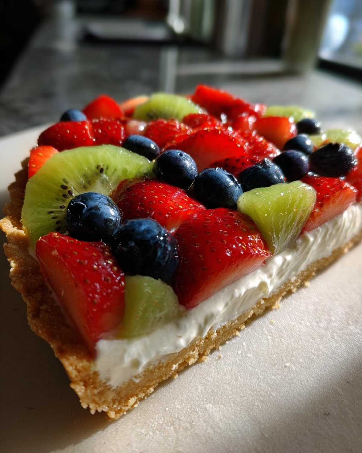 Close-up of a slice of fruit pizza sugar cookie topped with strawberries, blueberries, and kiwi slices over cream cheese frosting.