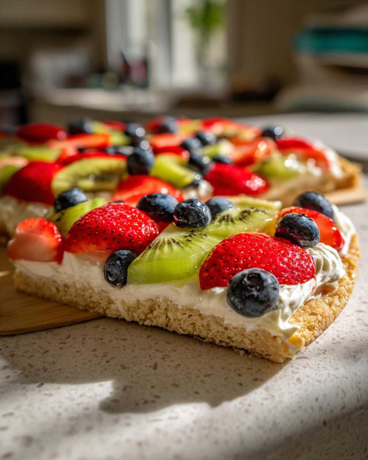 A close-up slice of fruit pizza sugar cookie topped with cream cheese frosting, strawberries, kiwi, and blueberries.