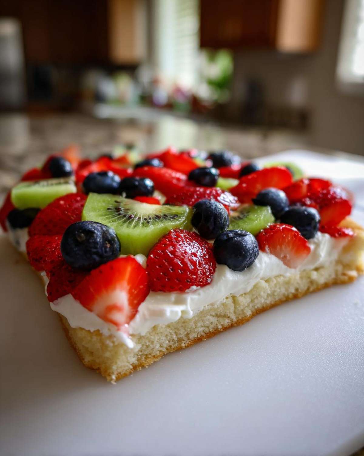 Close-up of a slice of fruit pizza sugar cookie topped with cream cheese frosting, strawberries, blueberries, and kiwi slices.