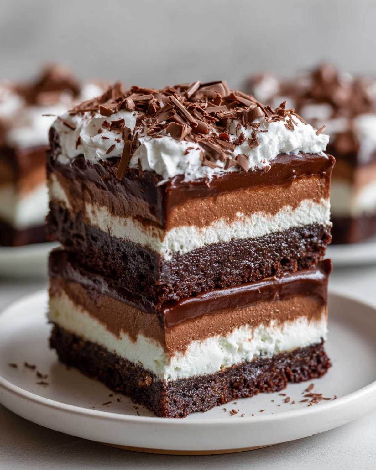 Two stacked slices of fudgy brownie refrigerator cake with chocolate and cream layers, topped with whipped cream and shavings.
