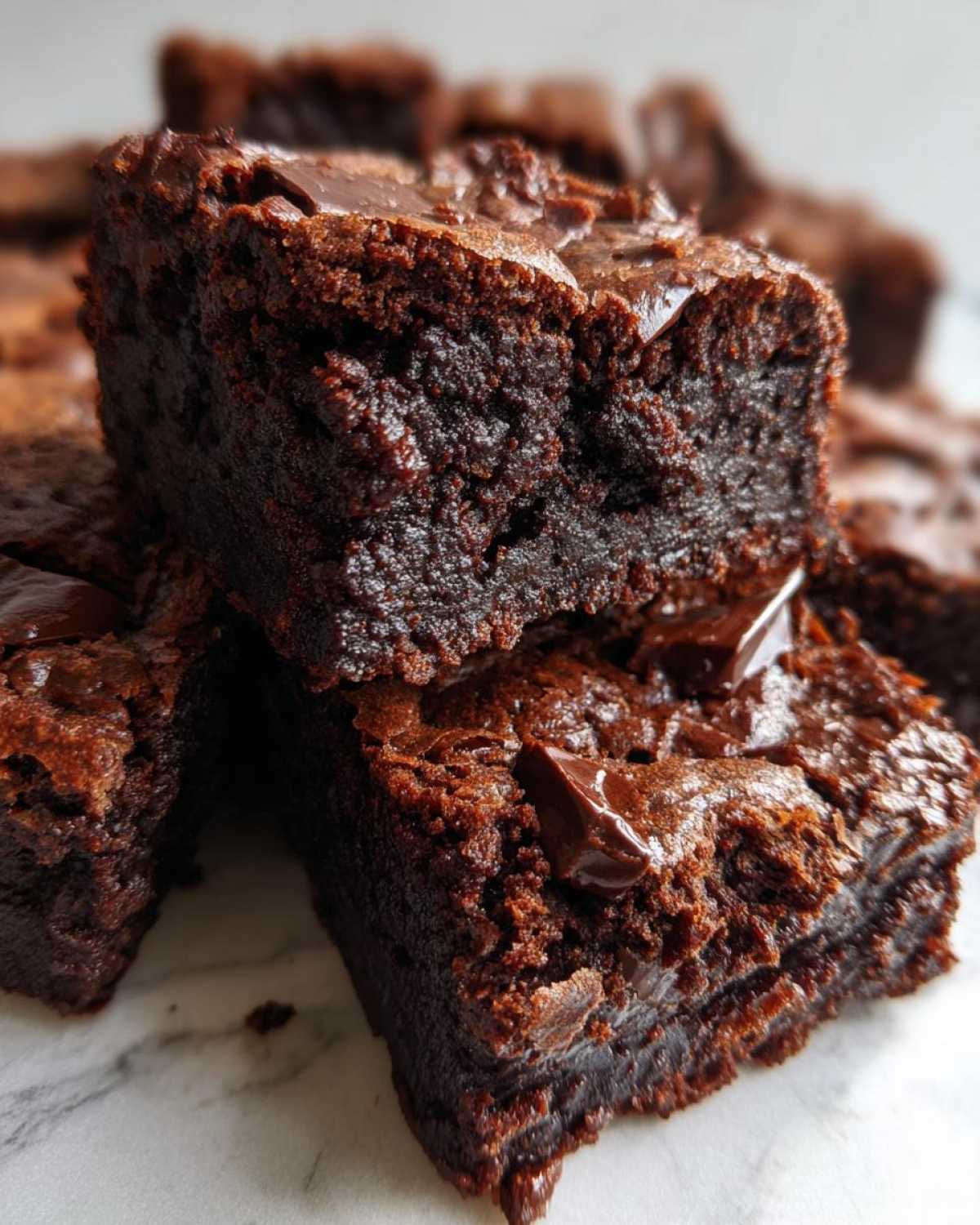 Close-up of two stacked, fudgy sweet potato brownies topped with melted chocolate chunks.