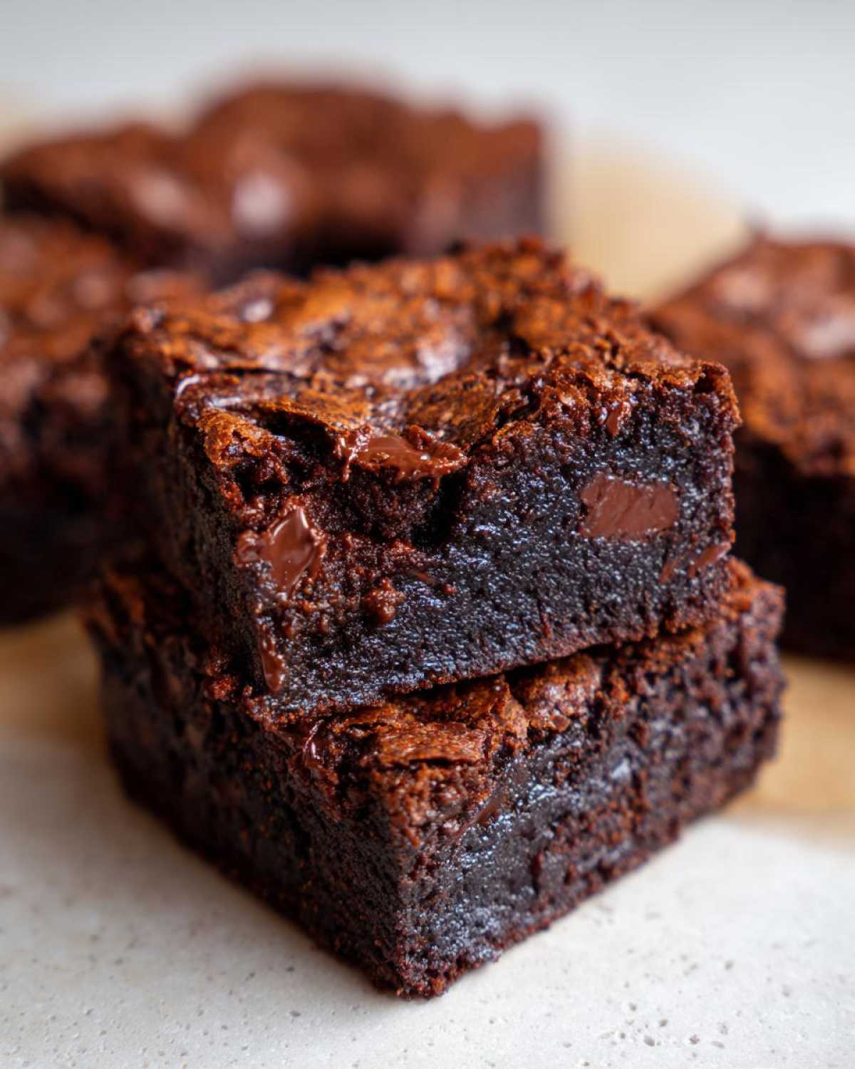 Two fudgy sweet potato brownies stacked on top of each other, showing melted chocolate chips.