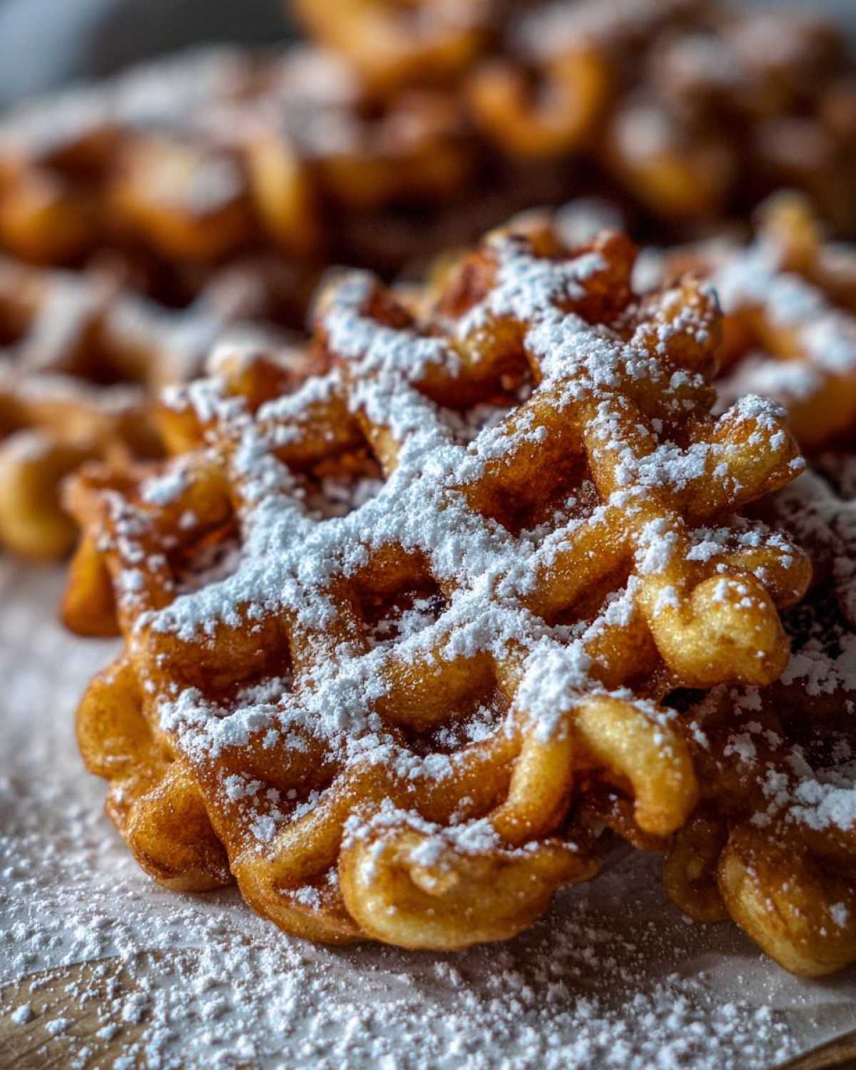 Close-up of a golden brown, freshly fried funnel cake recipe dusted heavily with white powdered sugar.