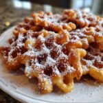 A close-up of freshly fried, golden brown funnel cake recipe pieces generously dusted with white powdered sugar on a white plate.