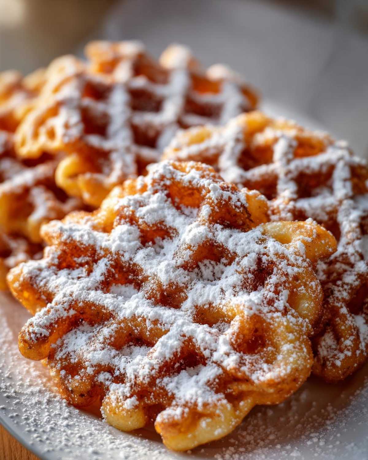 Close-up of freshly fried, golden brown funnel cake recipe pieces generously dusted with white powdered sugar.