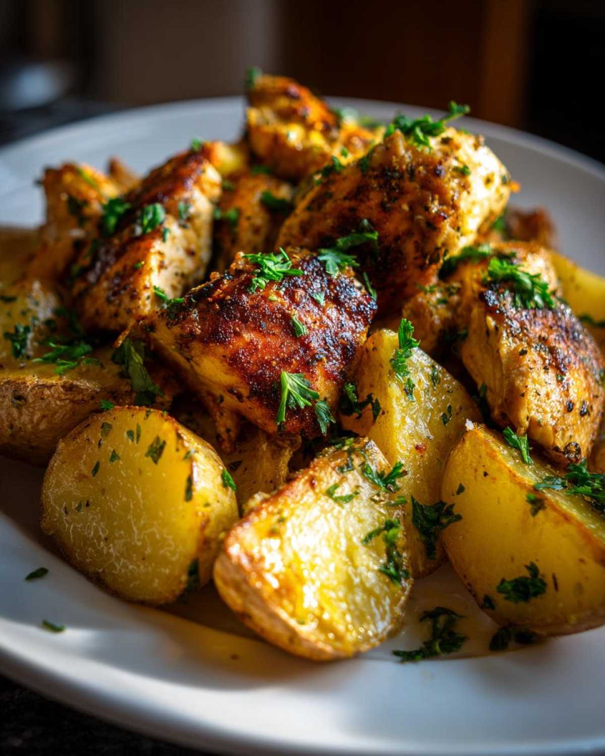 Close-up of golden brown garlic parmesan chicken and potatoes seasoned with parsley on a white plate.